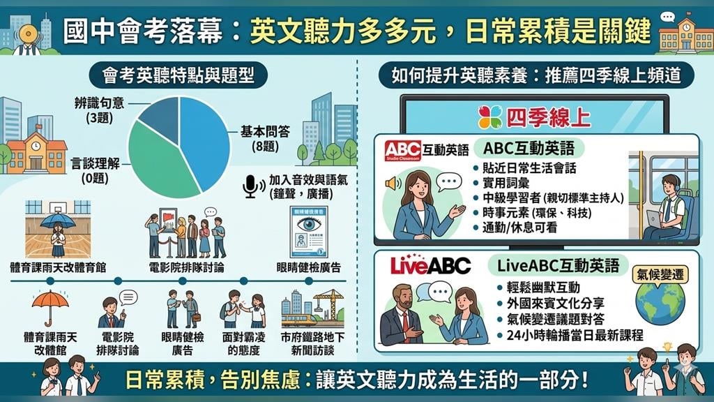 國中會考英聽題材多元？國二準備鎖定「四季線上」時事元素提升素養！