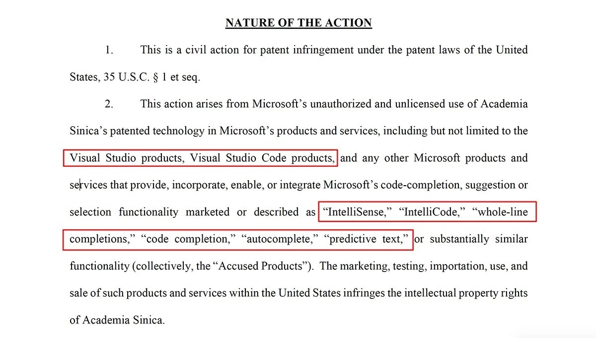 中研院主張，微軟產品中的IntelliSense、IntelliCode、whole-line completions等功能，皆涉及侵權。（取自美國聯邦法院的電子檔案查詢系統）