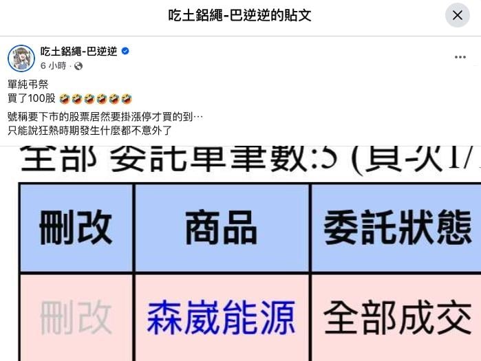 森崴能源「跌停→漲停」大限前突發威!巴逆逆亮牌「買了100股」網驚:不妙