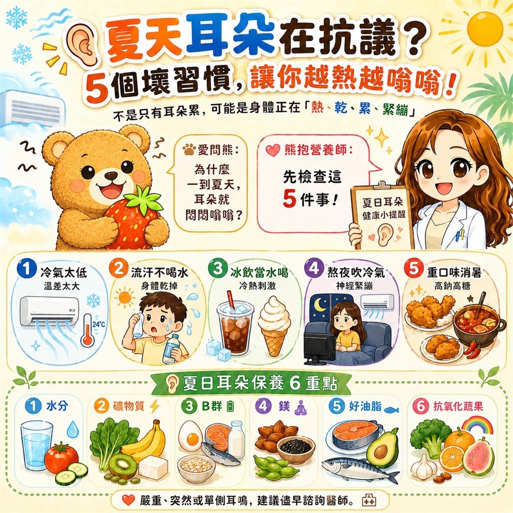 一吹冷氣就耳鳴?營養師點名夏日「5大NG習慣」熬夜、喝冰水全中