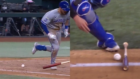 MLB(影)/棒子別亂丟!皇家打者犧牲觸擊「球棒幫對手擋球」形成超罕見守備