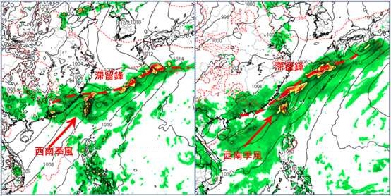 最新(3日20時)歐洲(ECMWF)模式、模擬下週六(13日)20時地面圖(左圖)顯示，仍為滯留鋒與西南季風配合的型態。最新美國(GFS)模式、同時的模擬(右圖)亦顯示，型態雖略有差異、但仍類似。（圖／翻攝自「洩天機教室」）