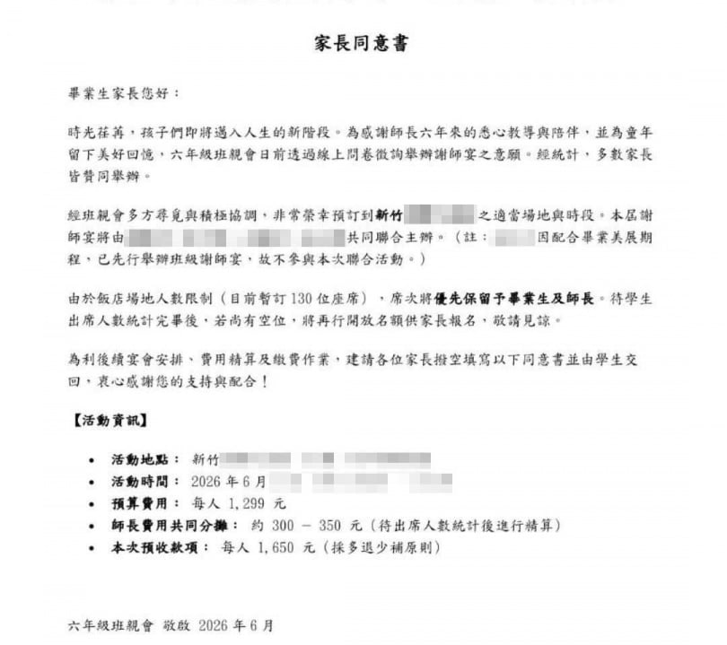 新竹某國小畢業生謝師宴資訊。（圖／翻攝自臉書／爆料公社）