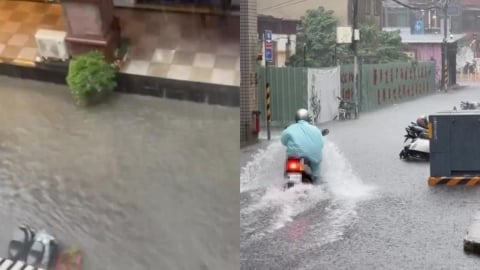 暴雨狂炸「新北4區」淹水一級警戒!水位直逼排氣管「機車駛過」濺起大浪