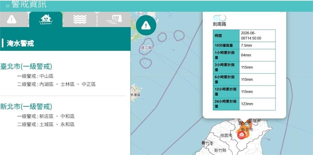快新聞/小心大雨!水利署:雙北「這7區」發布淹水警戒