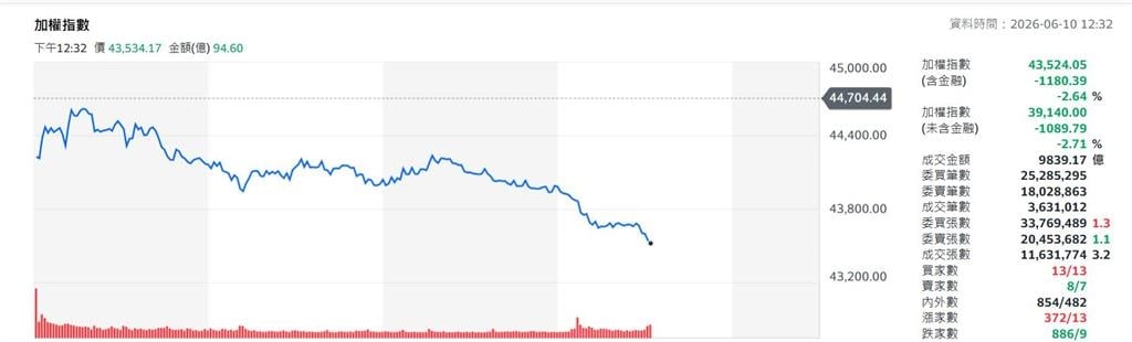 快新聞/股民心碎!台股午盤變臉「跳水千點」 權值股遭重摔