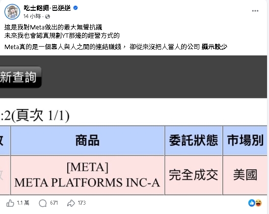 大規模停權惹到反指標女神!巴逆逆出手「買進Meta股票」網笑翻:阿祖慘了