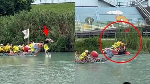 龍舟賽奪標手「雙腳懸空後翻」掉進水裡!鼓手秒轉身「代打」成功奪標