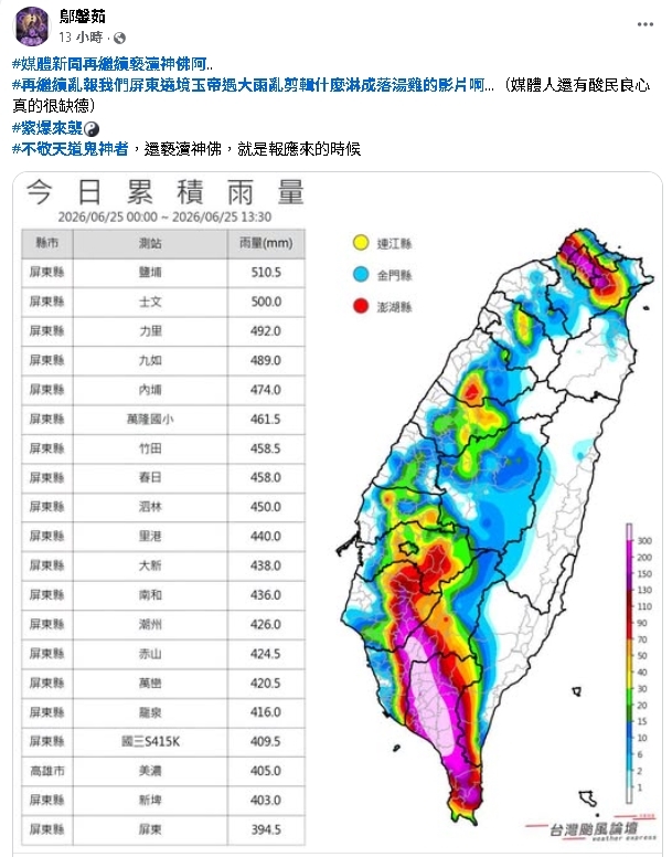 尬電禪師PO「屏東淹水片」喊天道發威！還嗆酸民「褻瀆神佛」：報應來的時候