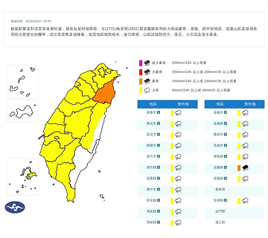 快新聞／快躲雨！19縣市豪大雨特報　雨彈炸整晚