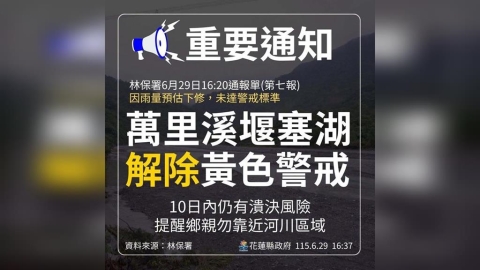 花蓮萬里溪堰塞湖「解除黃色警戒」　最新水情曝光