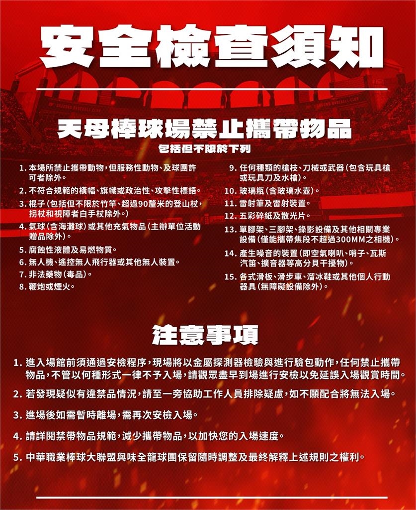 中職/味全龍宣布實施「入場安全檢查」成台灣戶外球場史上首例!入場採三階段安檢機制