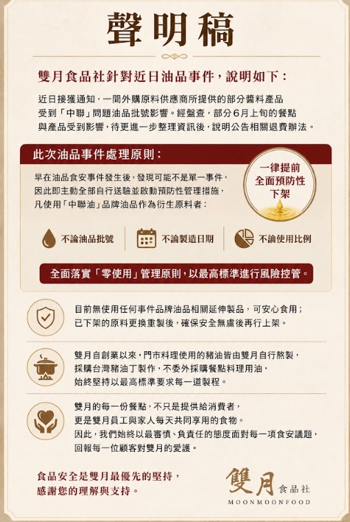 中聯油品事件延燒 雙月、鼎泰豐、全家公布下架退費措施