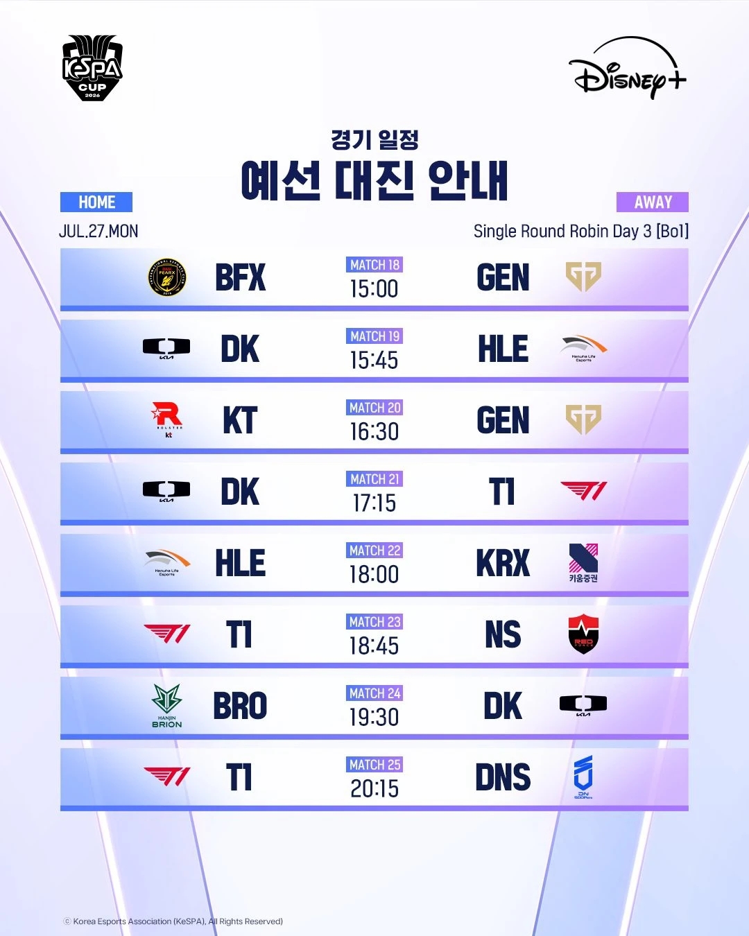 7/27 賽程（來源：KeSPA Cup 2026）