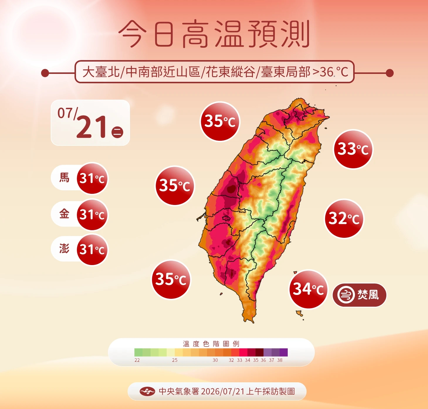 今日高溫預測。(氣象署提供)