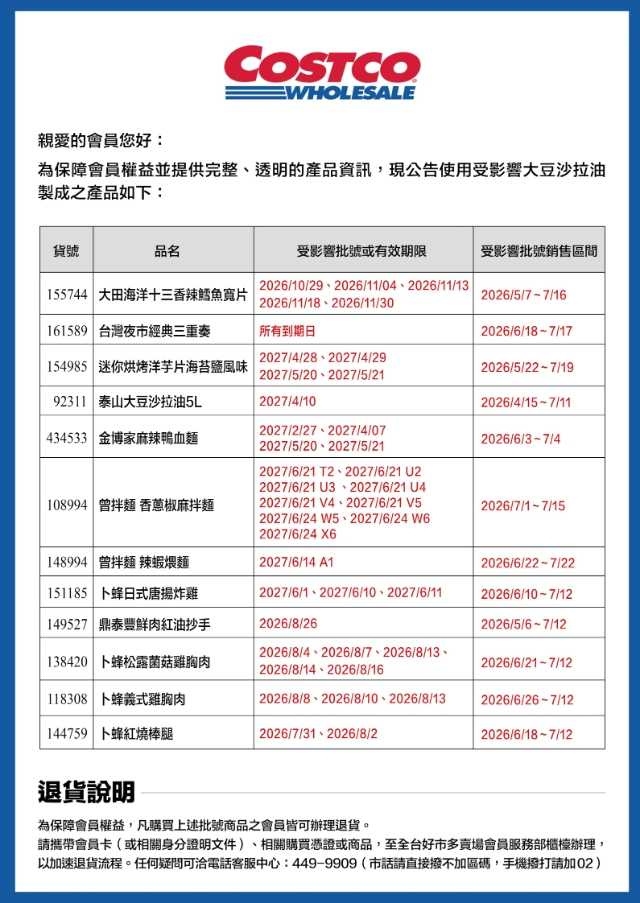 好市多今（23）日公告，有12項商品受致癌油波及，會員可辦理退貨。（圖／翻攝自好市多官網）