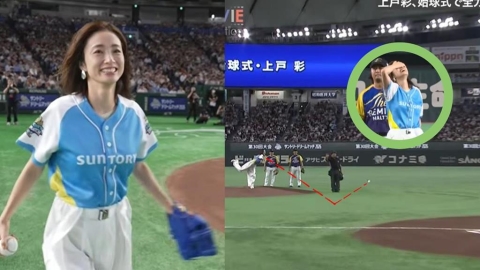 棒球(影)／開球失手更圈粉！上戶彩「最萌大暴投」抱頭懊惱　40歲美貌掀暴動：根本不會老