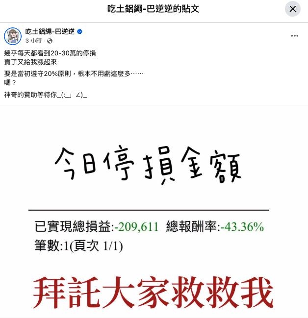 巴逆逆「急賣2檔股」台股強彈千點又翻黑！曝「單日虧損20萬」崩潰了