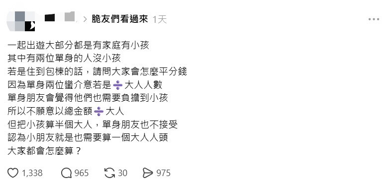 包棟民宿費用點戰火!單身狗拒分錢「小孩算整個人頭」 2派吵翻天