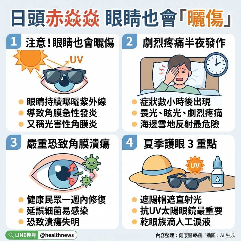 「眼睛曬傷」症狀常延後數小時發作 醫揭常見警訊與夏季護眼重點