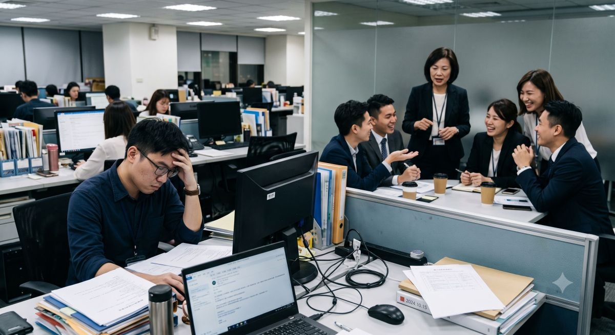 圖/獨自埋首處理堆積如山的文件,同事卻談笑風生、氣氛融洽,一牆之隔的孤立感正是職場冷處理型霸凌最真實的日常寫照。(AI生成,錦品徵信社提供)