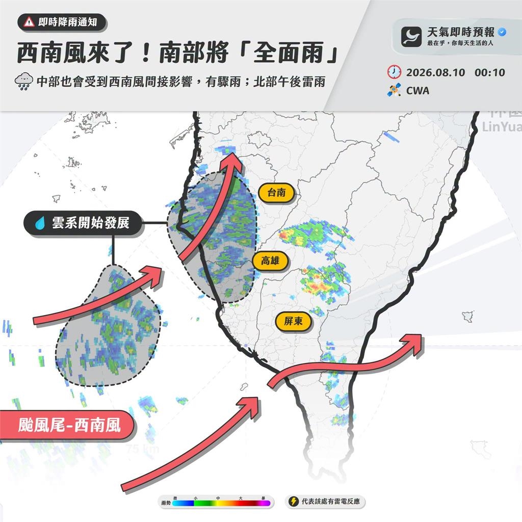 白海豚才走「1區域全面雨」！粉專揭「西南風接力炸整週」警戒走向曝光  