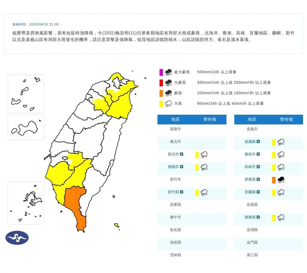 快新聞/晚間雨彈狂炸!9縣市豪大雨特報 一路下到明天
