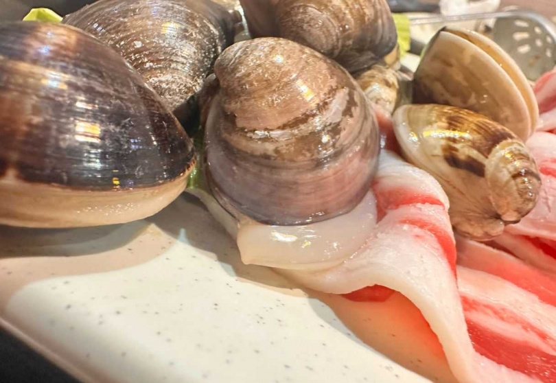 近日有民眾到連鎖平價火鍋店錢都用餐時,意外拍下餐桌上「蛤蜊偷吃培根牛」的逗趣畫面。(圖/翻攝自Threads,@catcat_ustar授權提供)