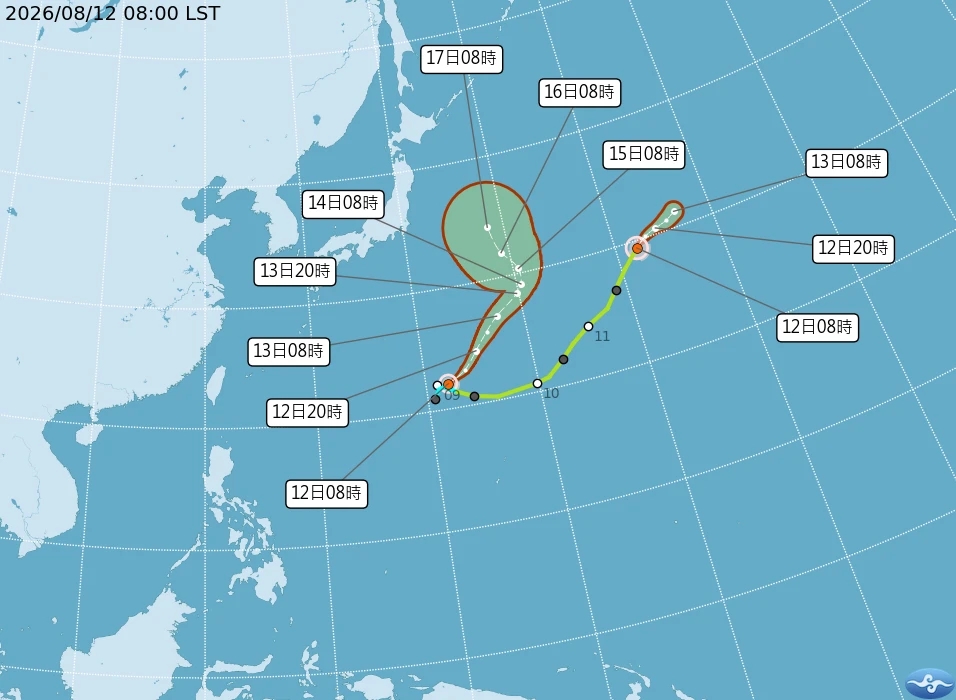 目前西北太平洋有兩輕颱。（氣象署提供）