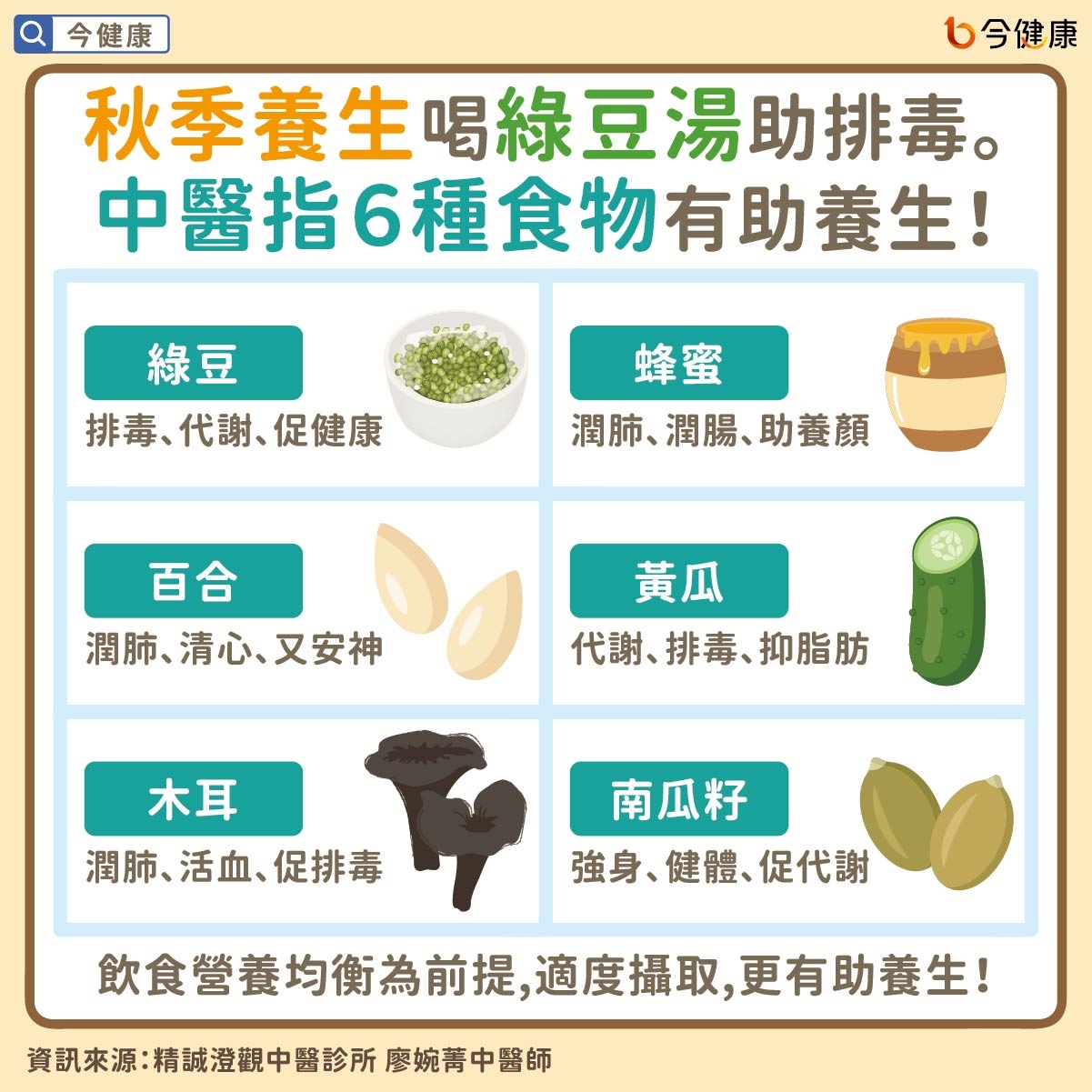 秋季養生喝綠豆湯助排毒。中醫指６種食物有助養生！