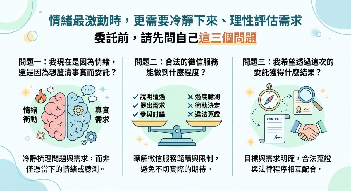 圖/委託徵信服務前,先釐清情緒與真實需求、瞭解服務範疇限制,並確認委託目標,讓證據蒐集和後續程序能相互配合。(AI示意,台灣偵探職業總會提供)