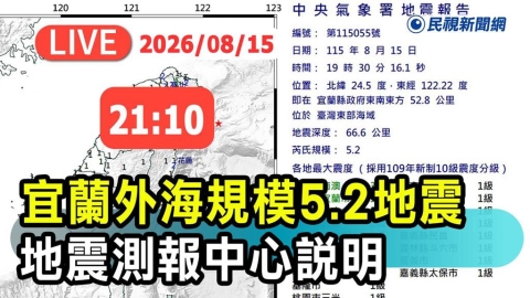 LIVE／晚間晃一下！宜蘭外海5.2地震　氣象署21:10最新說明