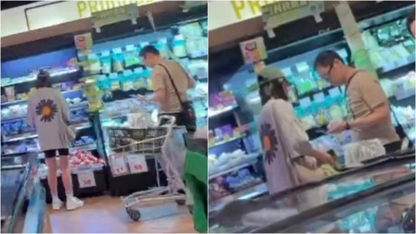 夏于喬（左）認真挑選蔬菜，林書宇負責推購物車，期間她似乎在向老公（中）交代食材細節。（圖／讀者提供）