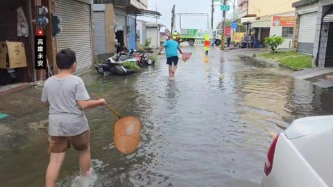 高雄大雨狂下苦哈哈! 民眾「樓上揪樓下」家門前捕魚、推車