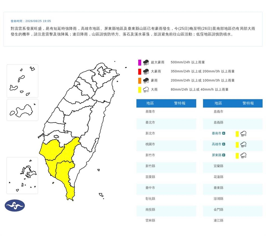 快新聞／雨還沒停！大雨「這3縣市」特報　氣象署：一路下到明天