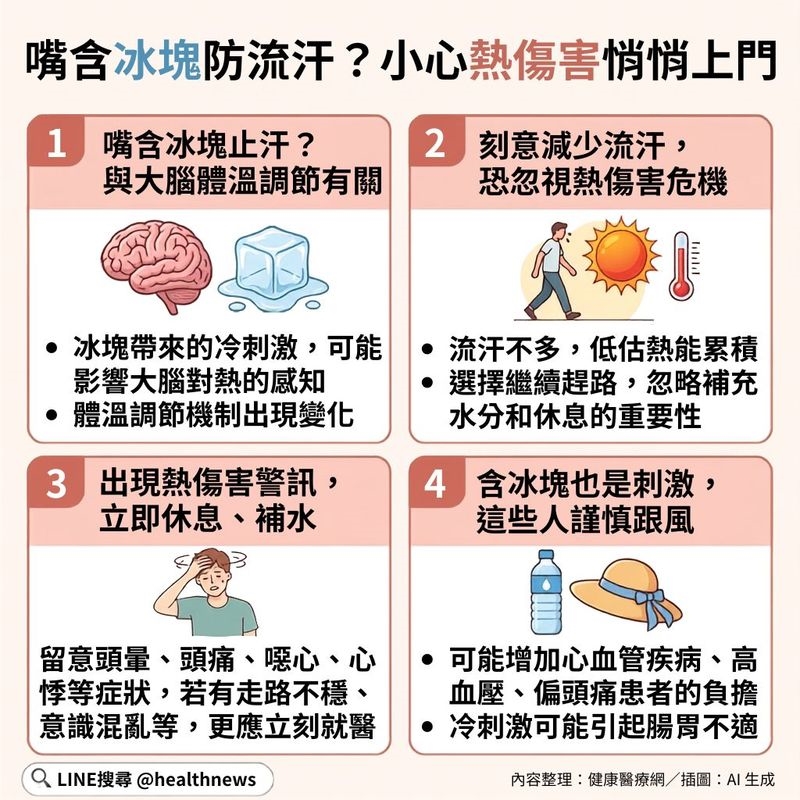 網傳「嘴含冰塊走路」流汗變少？醫：易忽視熱傷害警訊　跟風不如做2件事