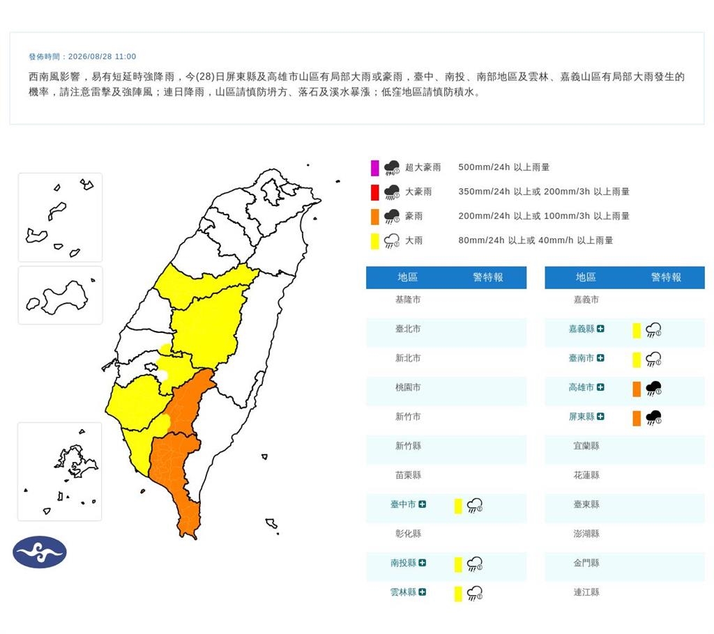 快新聞/雨彈狂炸ING!7縣市豪大雨特報 慎防雷擊、強陣風