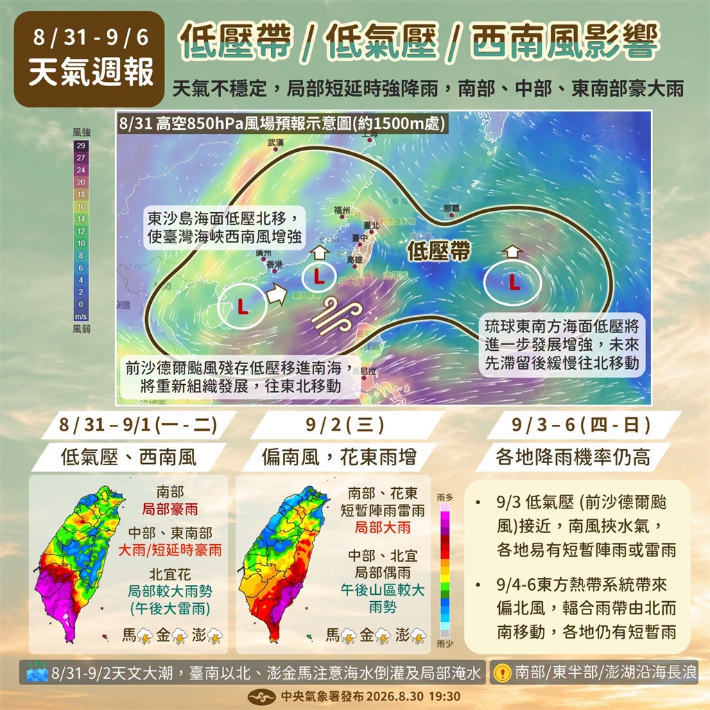 快新聞／低氣壓、西南風加劇！未來一週全台天氣不穩定「這幾區」嚴防豪大雨