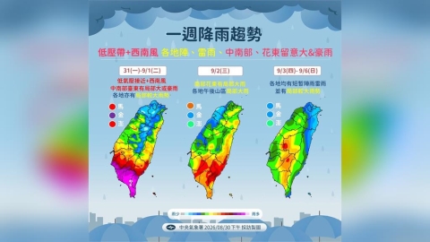 【一週天氣】4縣市大雨特報一路下到週末 沙德爾颱風恐「回馬槍」襲台