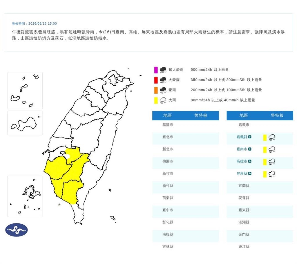 快新聞/快躲雨!4縣市大雨特報 慎防雷擊、強陣風