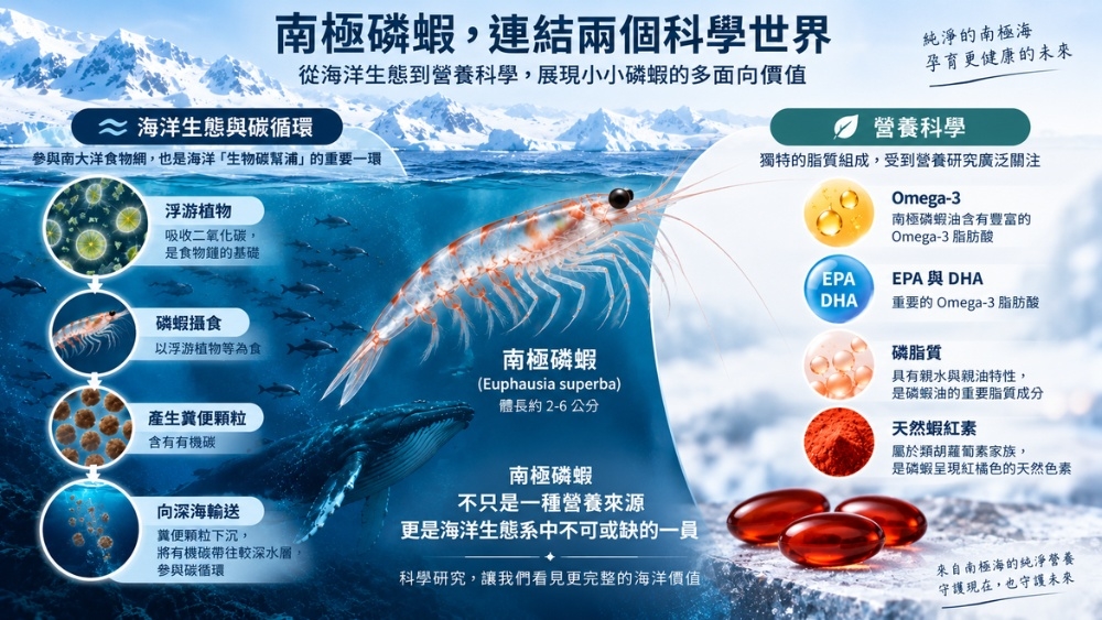 圖說：南極磷蝦同時連結海洋生態與營養科學。磷蝦糞便顆粒參與有機碳向深海輸送；在營養組成方面，磷蝦油則含有Omega-3、EPA、DHA、磷脂質及天然蝦紅素。不同研究領域共同呈現出南極磷蝦多面向的科學價值。