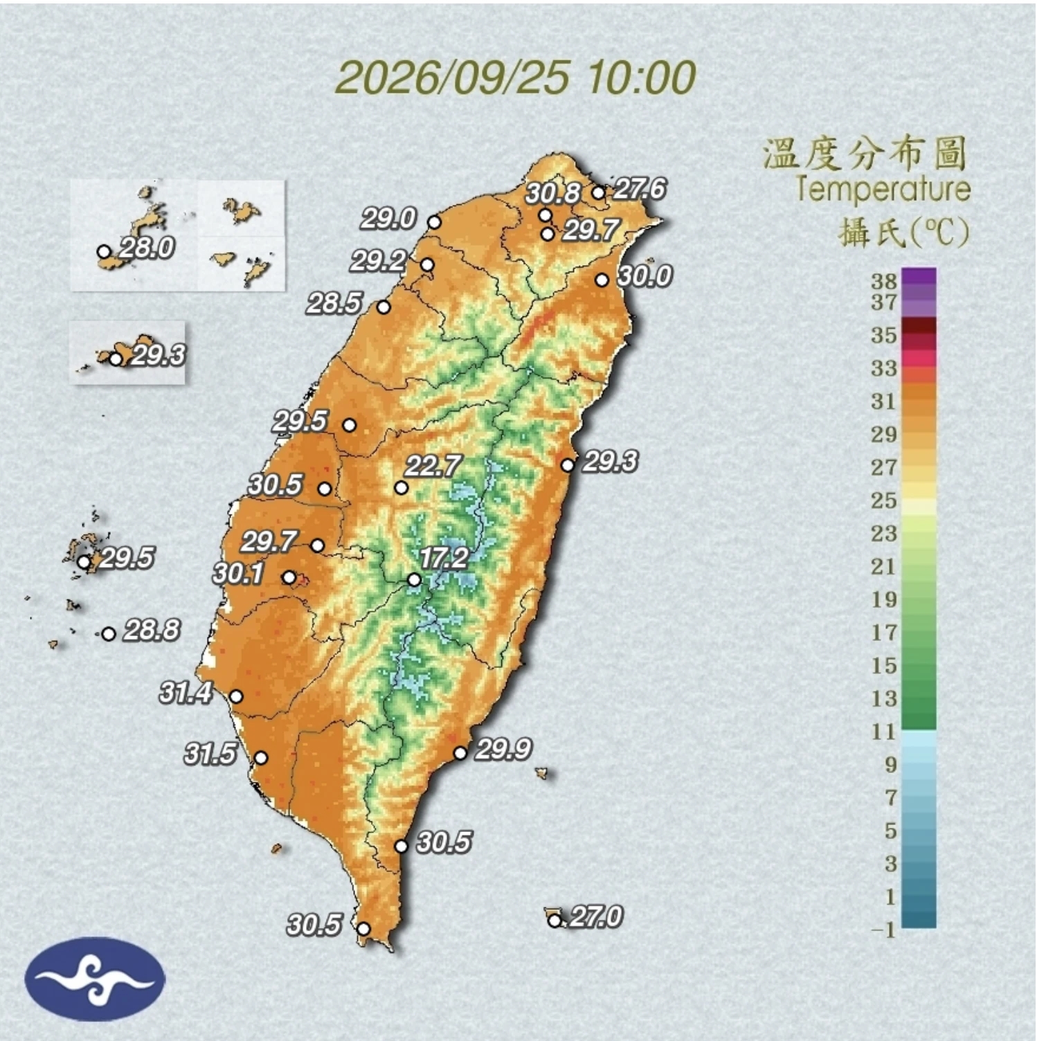 今天(25日)上午10點,台灣各地溫度分布圖。(氣象署提供)