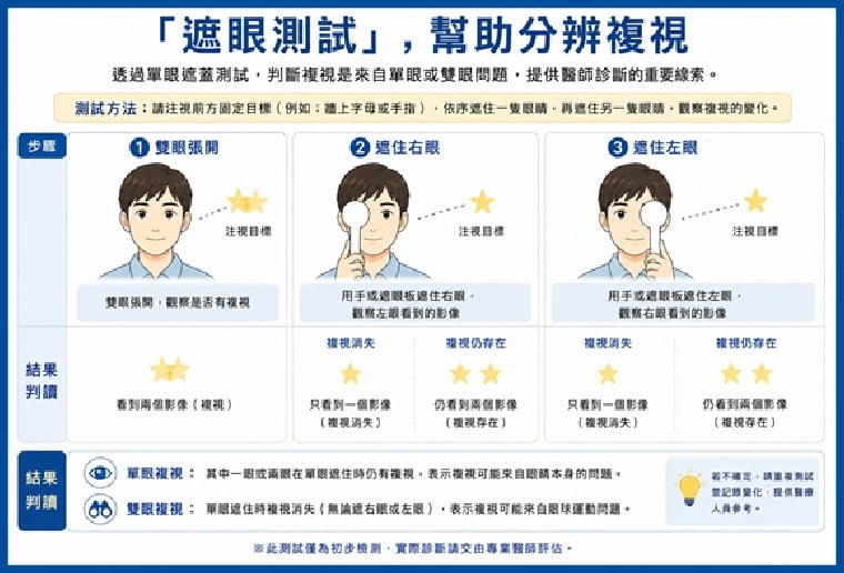 ▲羅元璟醫師指出,民眾若發現視力出現模糊、影像重疊或「好像有兩個」的情形,可先透過簡單的遮眼測試初步辨別,但仍應盡速就醫,由專業醫師釐清真正病因。 (圖/臺北市立聯合醫院陽明院區提供)