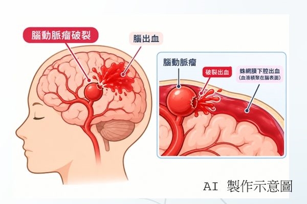 ▲腦動脈瘤破裂示意圖。(圖/基隆長庚醫院提供)