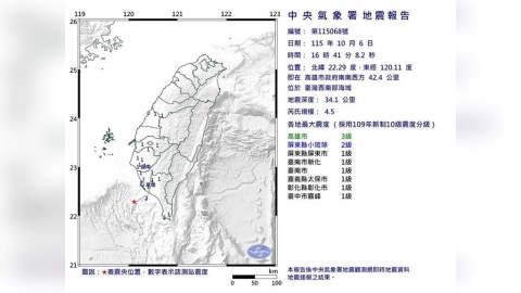 16:41地牛翻身！西南部海域規模4.5地震　最大震度3級