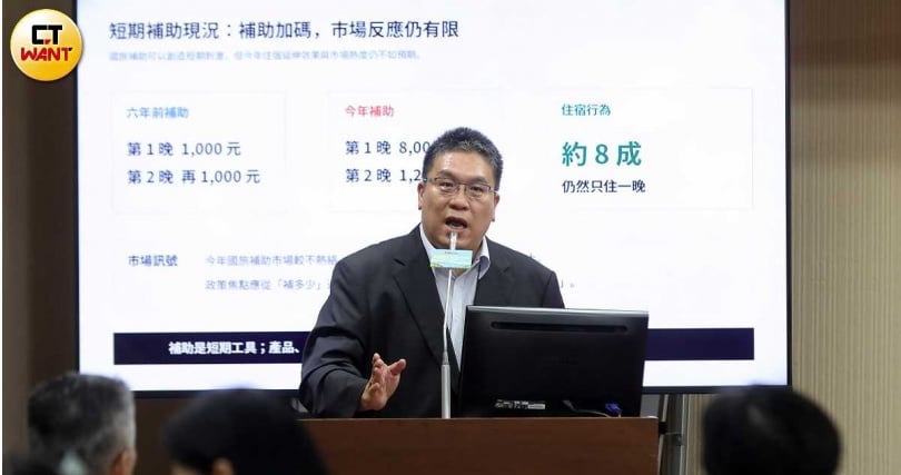 DoMo集團董事長、台北城市科大助理教授李奇嶽表示,今年國旅補助效益與市場熱度不如預期,儘管第2晚有加碼,但8成民眾仍只住一晚。(圖/周志龍攝)