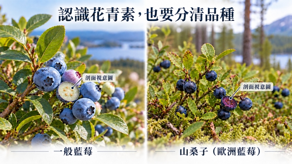 圖說:一般藍莓與山桑子(歐洲藍莓)是不同物種,外觀和果肉顏色也可能不同。