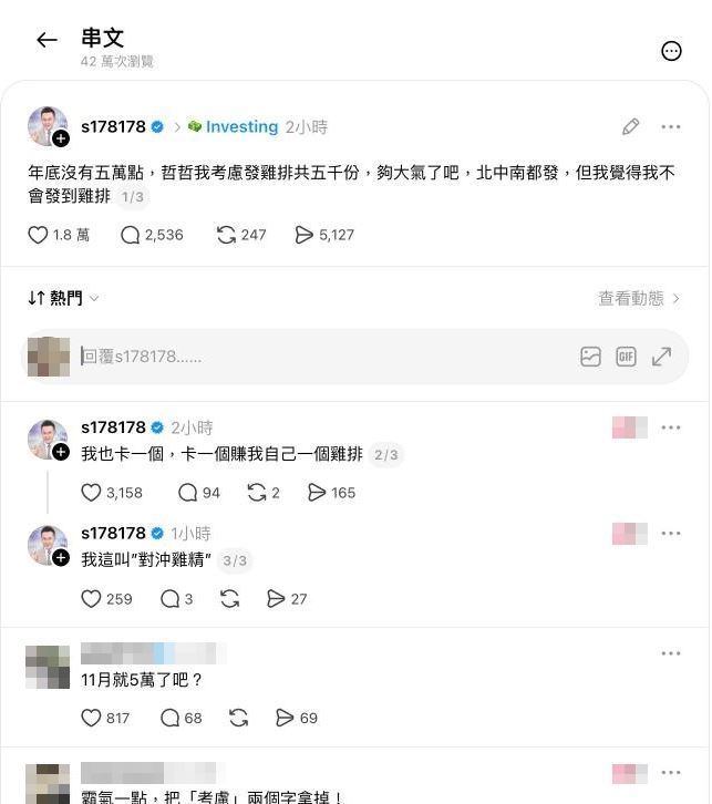 2週回落3700點!哲哲不忍了開嗆「年底沒5萬發5000份雞排」 吸42萬人圍觀