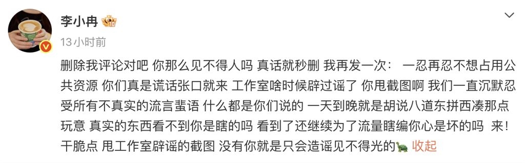離婚疑切割前夫9500萬債！李小冉澄清遭刪文　凌晨怒轟「謊話連篇」