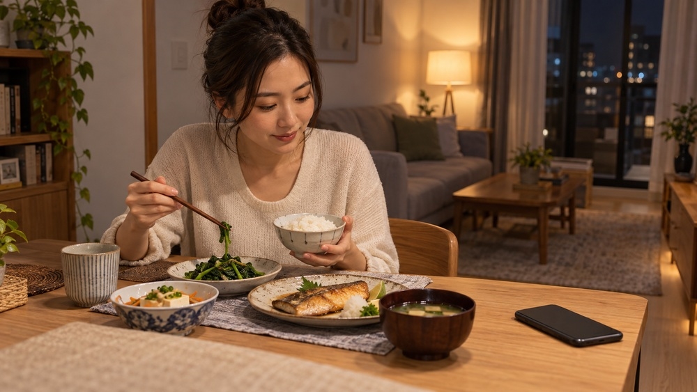 圖說：晚餐有主食、蛋白質與蔬菜，睡前再搭配固定放鬆習慣，有助於減少夜裡反覆找食物的情況。